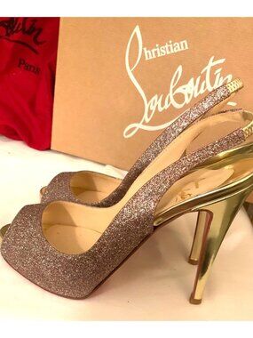 Christian Louboutin Glitter Peep-Toe Slingback Heels Gold Sole Size 35